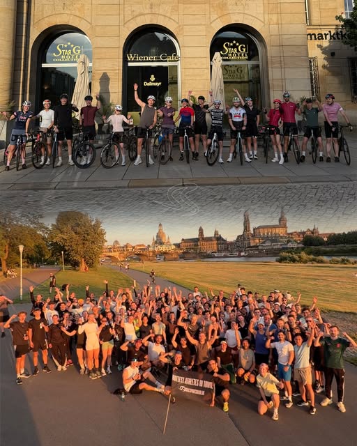 Ride-Gruppe und Gruppenfoto mit Hottest-Athletes-Banner an der Elbe